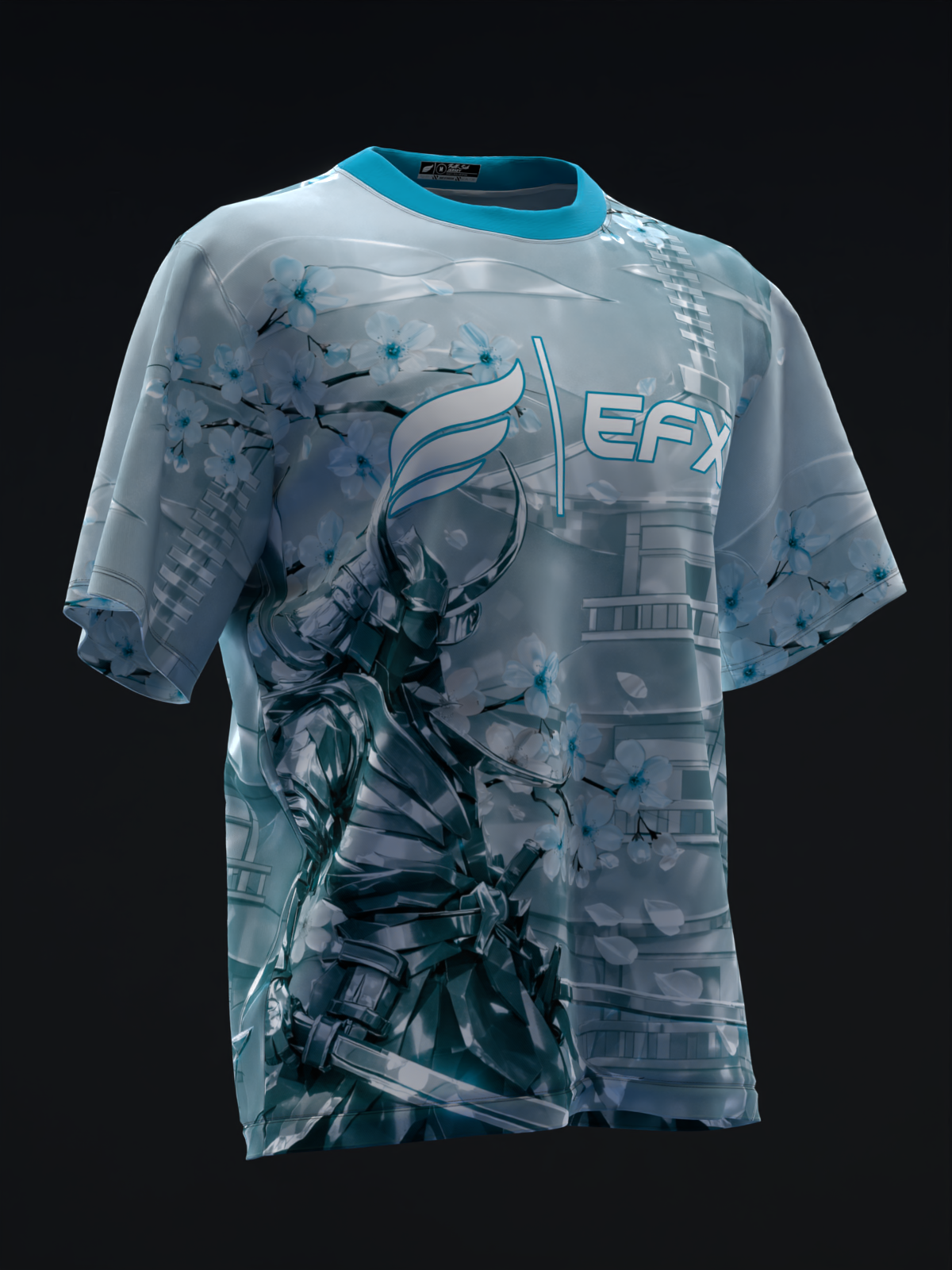 Front view of light gray bowling jersey with teal neckline and samurai graphic design
