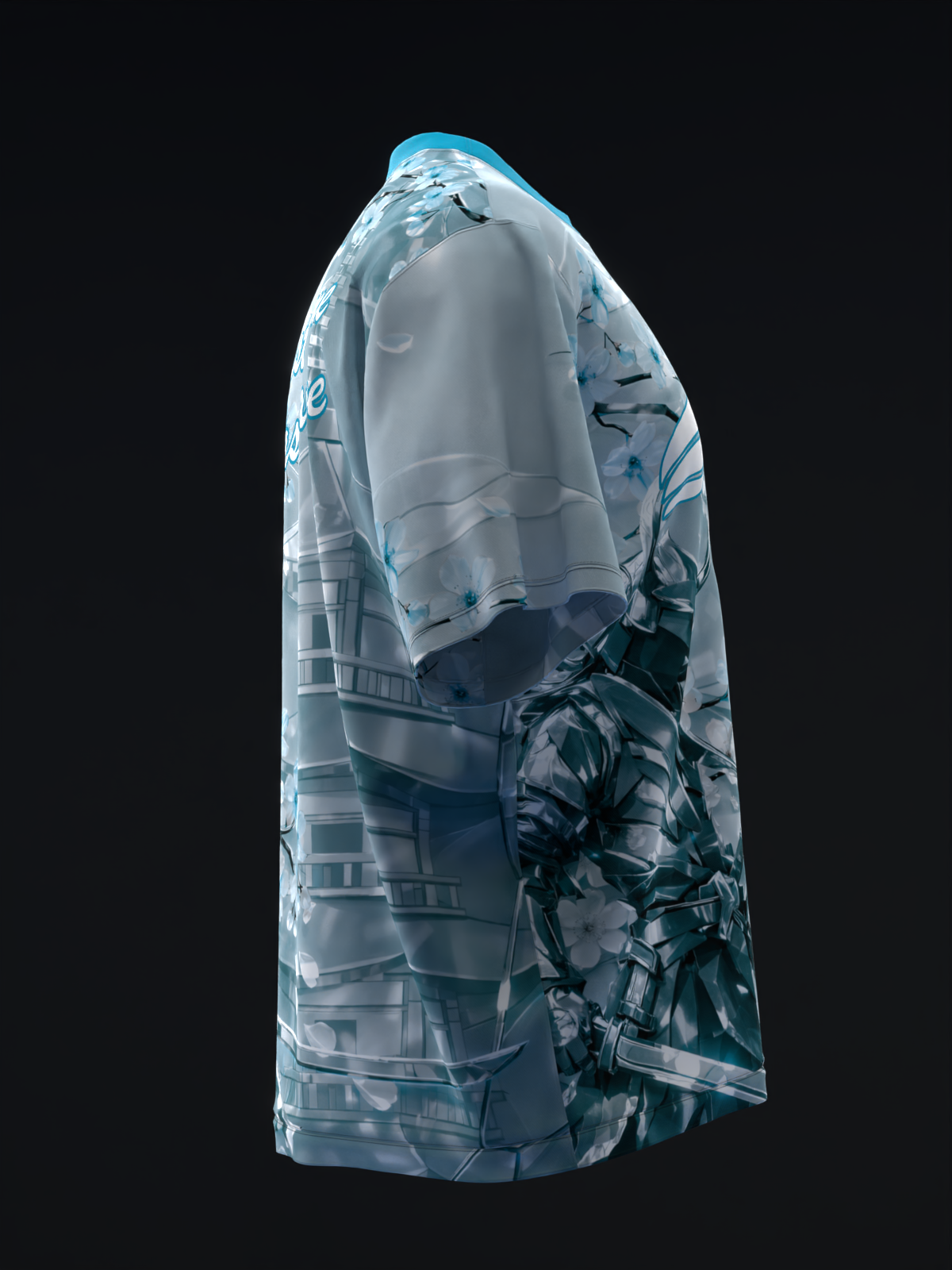 Light blue bowling jersey with metallic samurai graphic and geometric pattern, side view