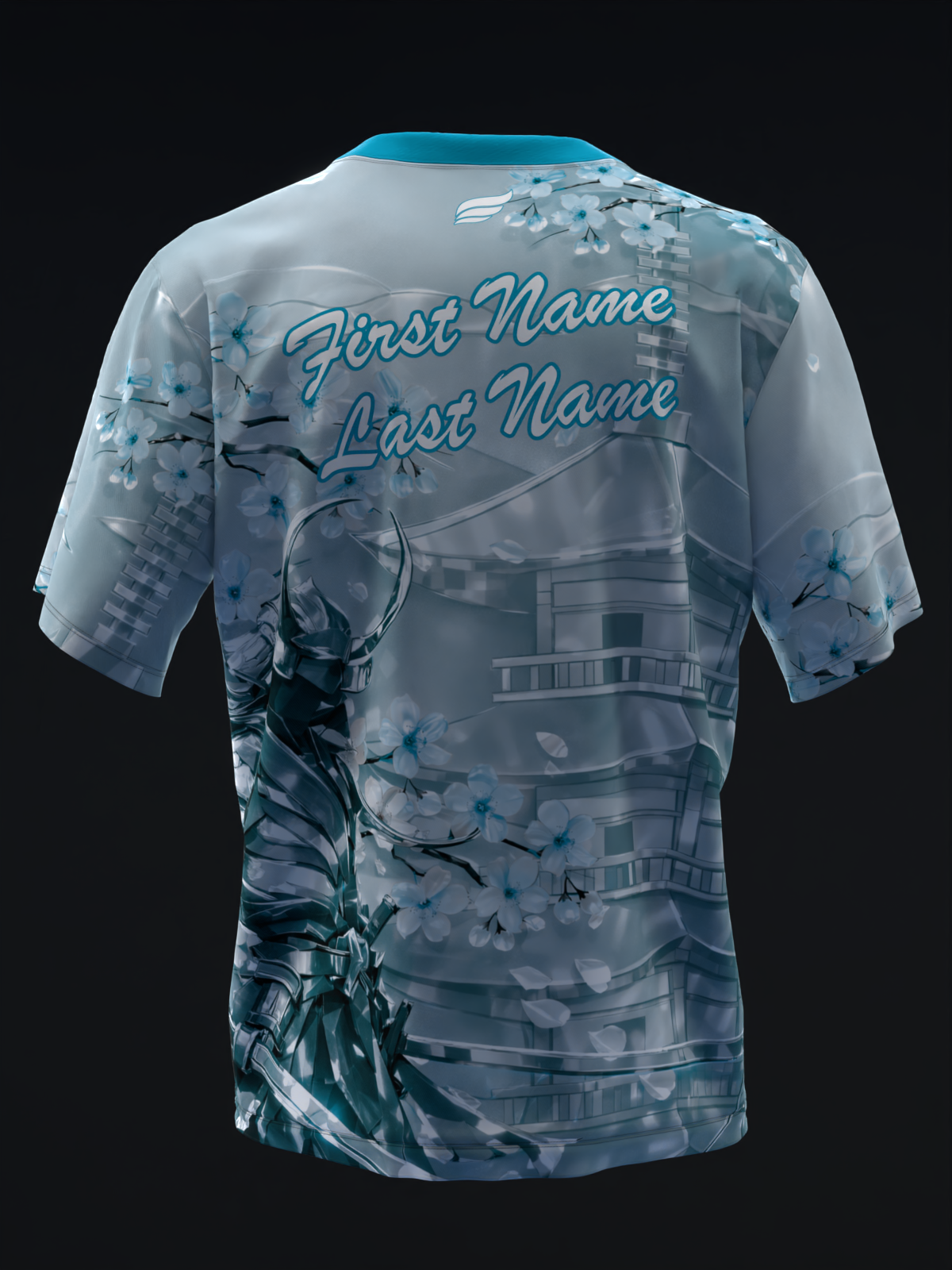 Teal and white bowling jersey with metallic samurai graphic and personalization lines, back view