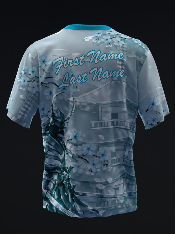 Teal and white bowling jersey with metallic samurai graphic and personalization lines, back view