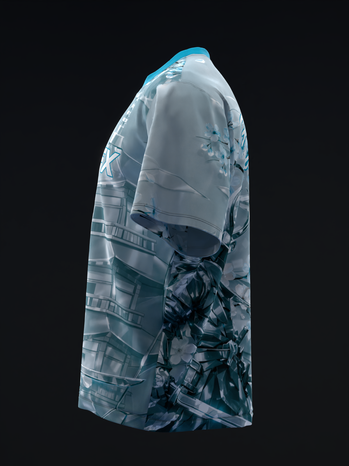 Teal and gray bowling jersey with metallic samurai graphic, side view