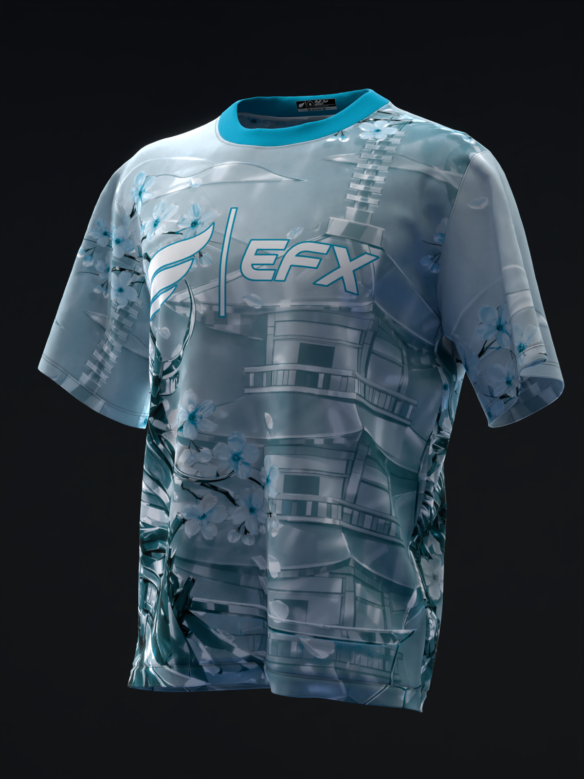 Teal bowling jersey with metallic samurai and architectural graphic design, front view