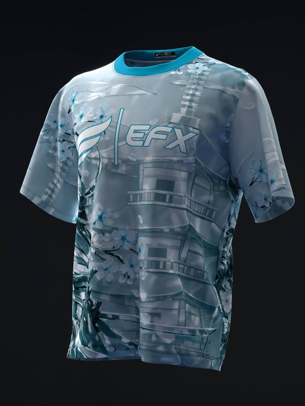 Teal bowling jersey with metallic samurai and architectural graphic design, front view