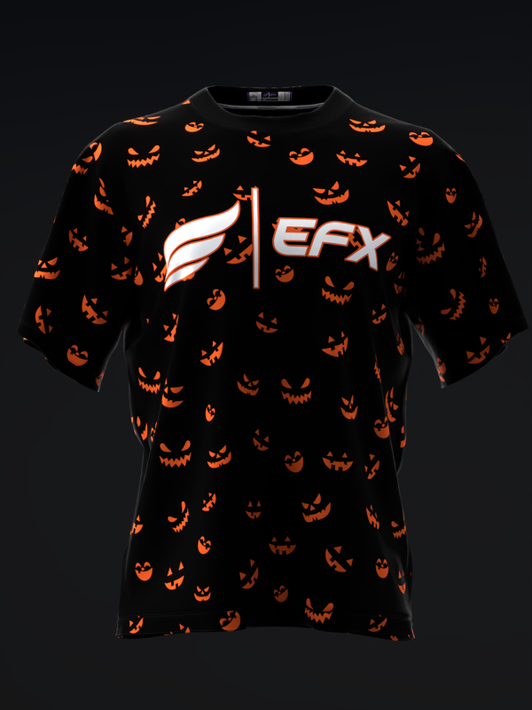 Black bowling jersey with repeating orange jack-o'-lantern faces and EFX logo