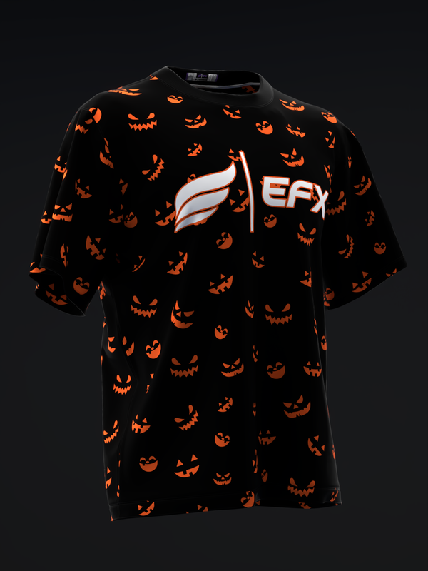 Black bowling jersey with orange jack-o-lantern print and EFX logo, front view