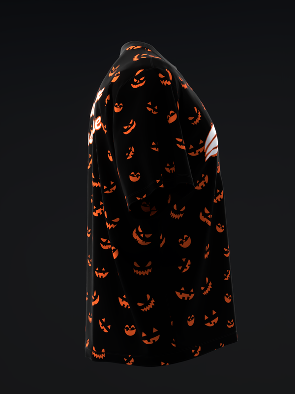 Black bowling jersey with all-over orange jack-o'-lantern face pattern, back view