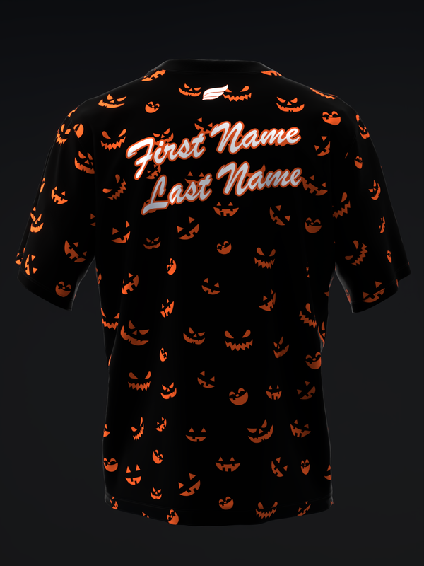 Black bowling jersey with orange jack-o'-lantern pattern and personalized text