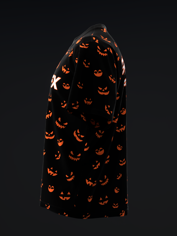 Black bowling jersey with repeated orange jack-o'-lantern faces throughout