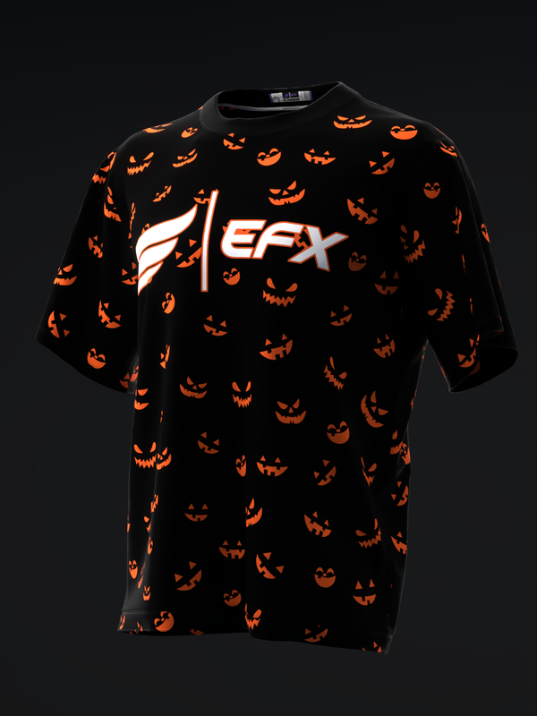 Black bowling jersey with orange jack-o-lantern pattern and EFX logo, front view