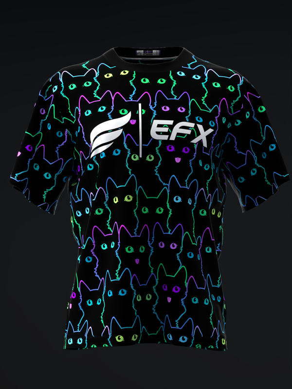 Black bowling jersey with neon cat faces and EFX logo design, front view