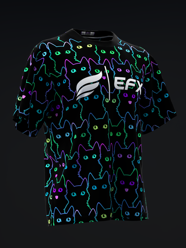 Black bowling jersey with neon cat faces and EFX logo, front view