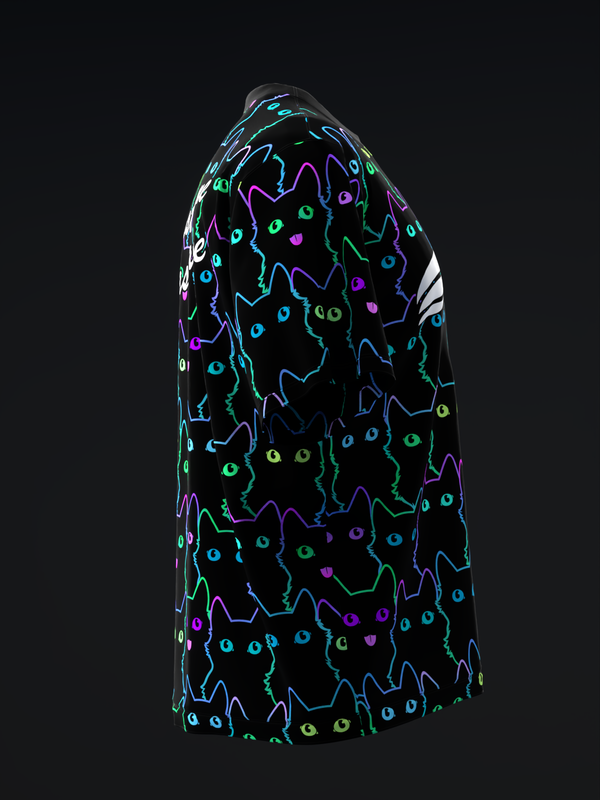 Black bowling jersey with neon cat faces and outline pattern throughout