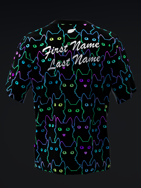 Black bowling jersey with neon cat face pattern and personalized text placement