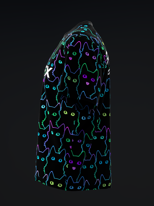 Black bowling jersey with neon neon cat faces and outlined pattern detail