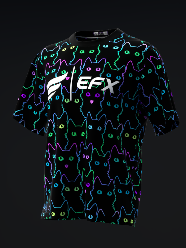 Black bowling jersey with neon cat face pattern and EFX logo, front view