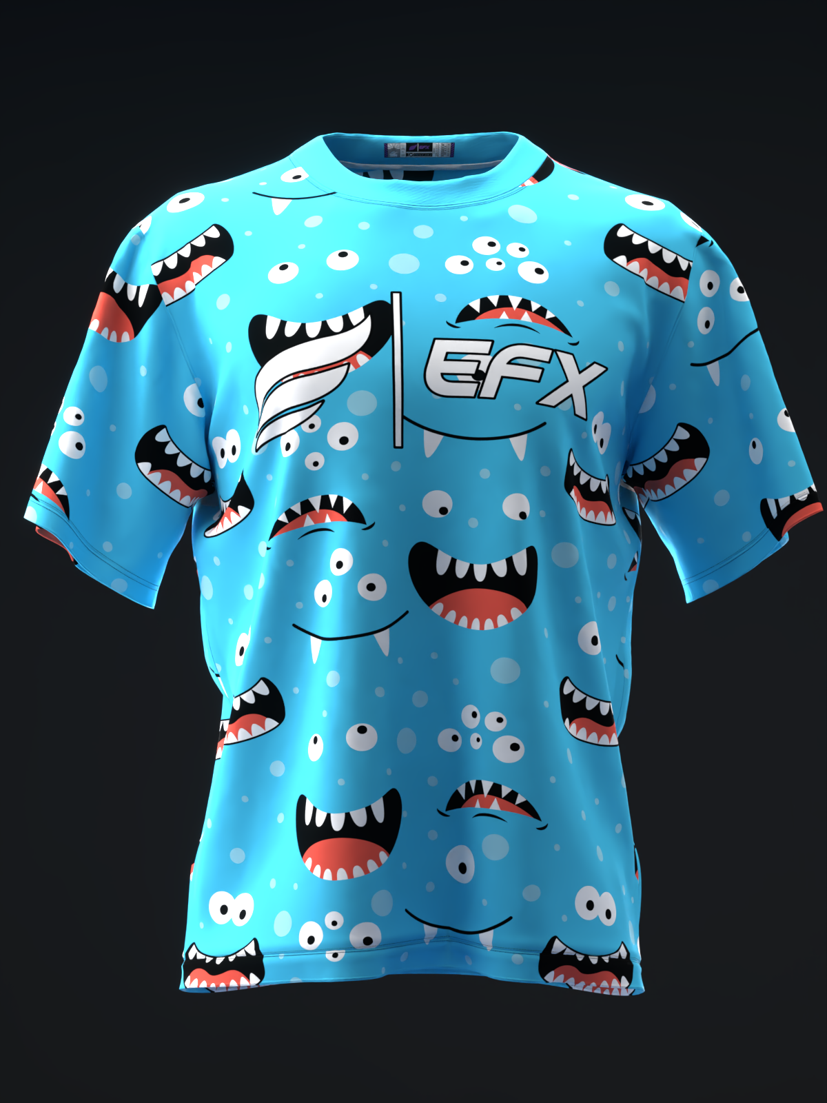 Bright blue bowling jersey with playful monster faces and EFX logo, front view