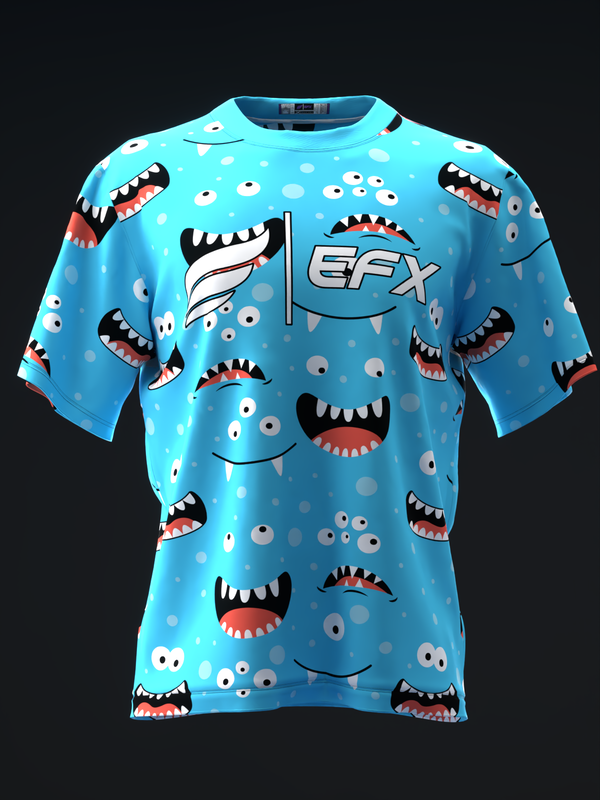 Bright blue bowling jersey with playful monster faces and EFX logo, front view