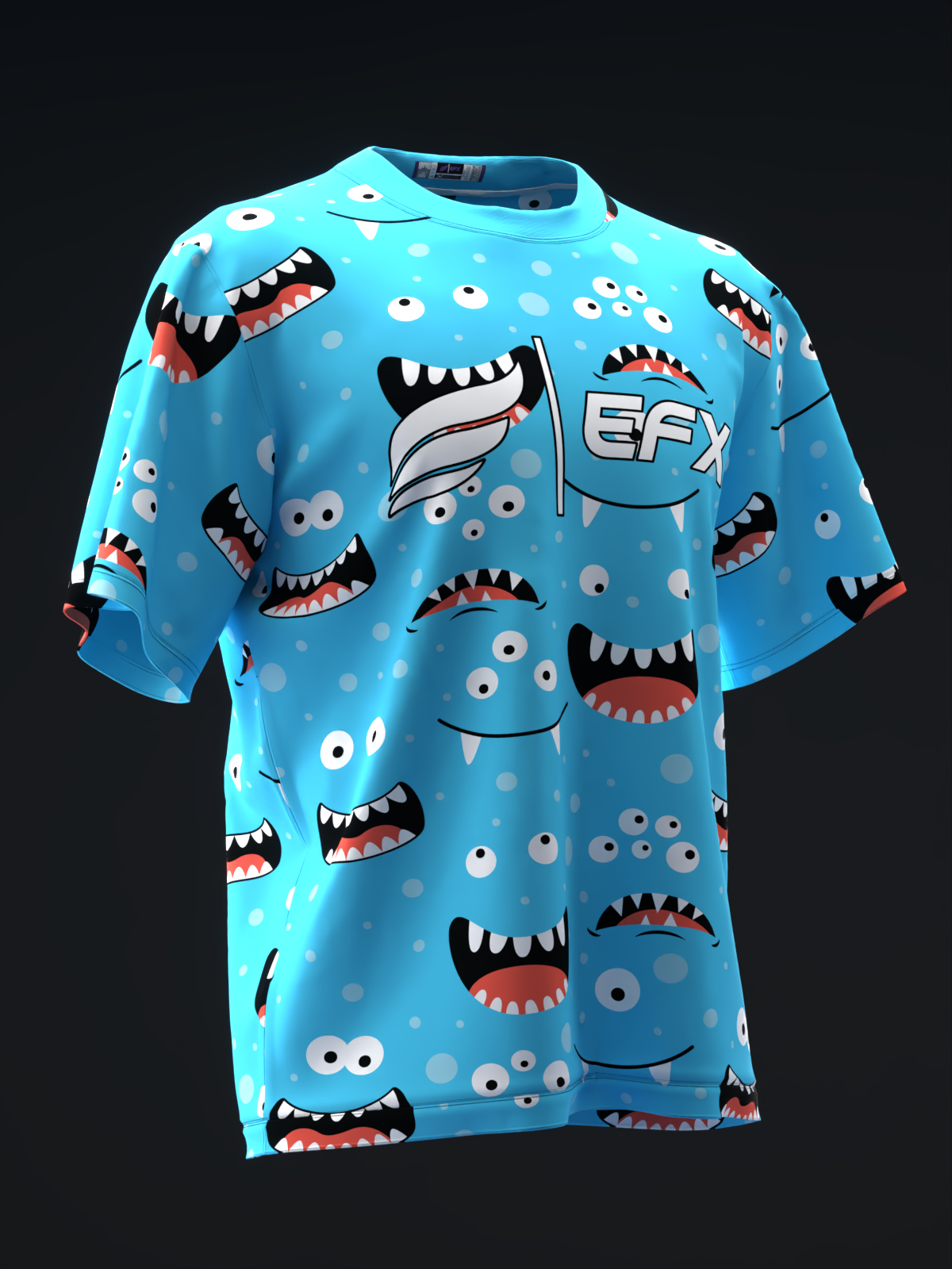 Bright blue bowling jersey with playful monster faces and dot pattern throughout