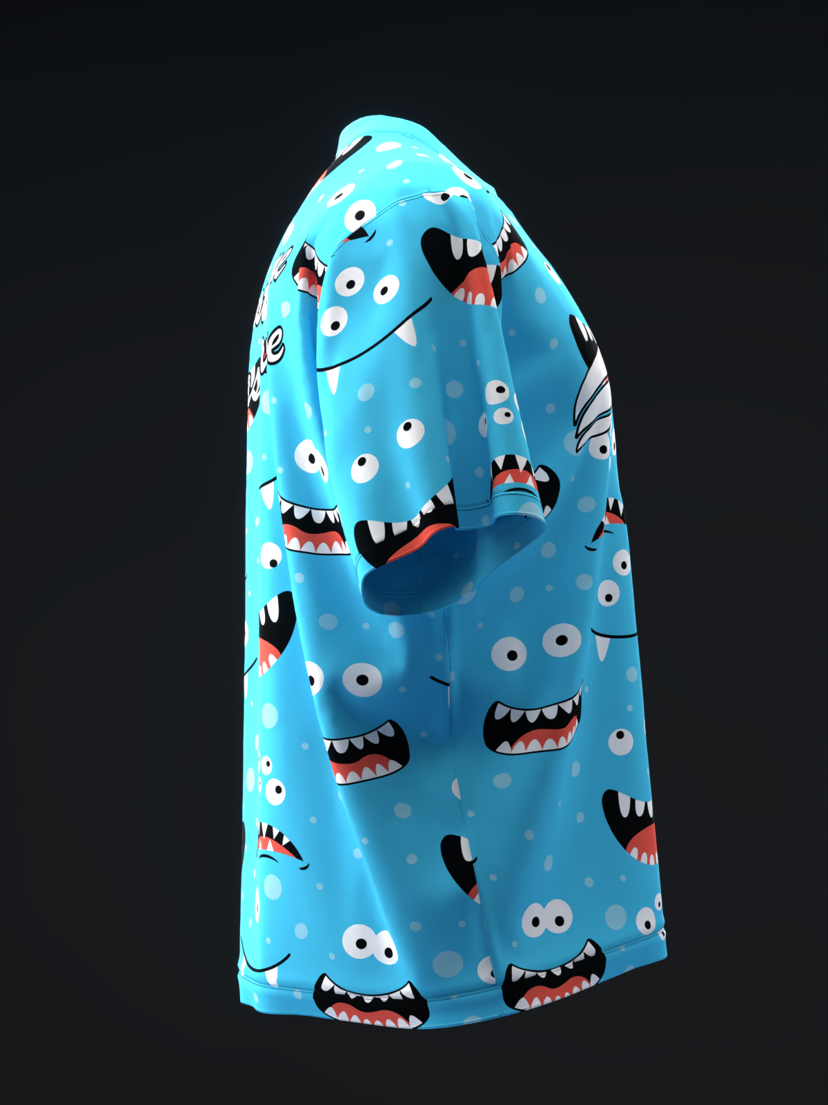 Bright blue bowling jersey with cartoon monster faces and eyeball pattern throughout