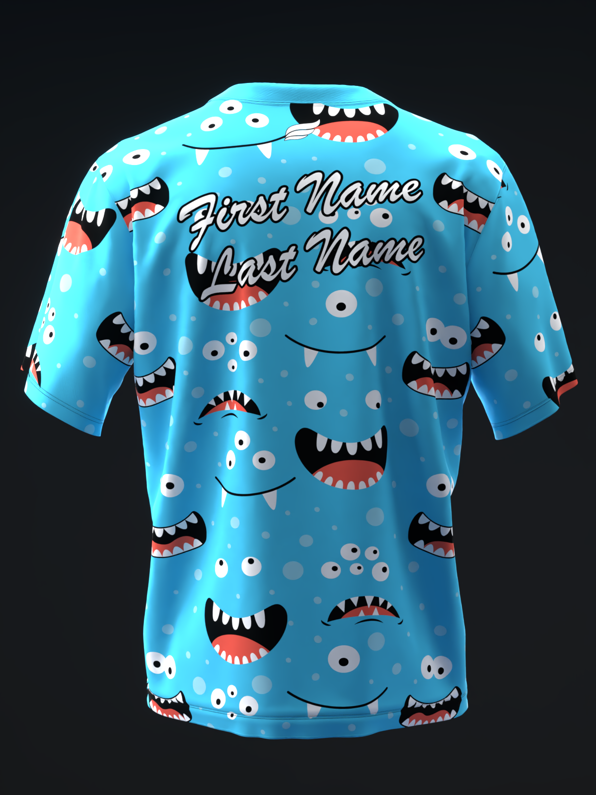 Bright blue bowling jersey with cartoon monster faces and eyes throughout front view