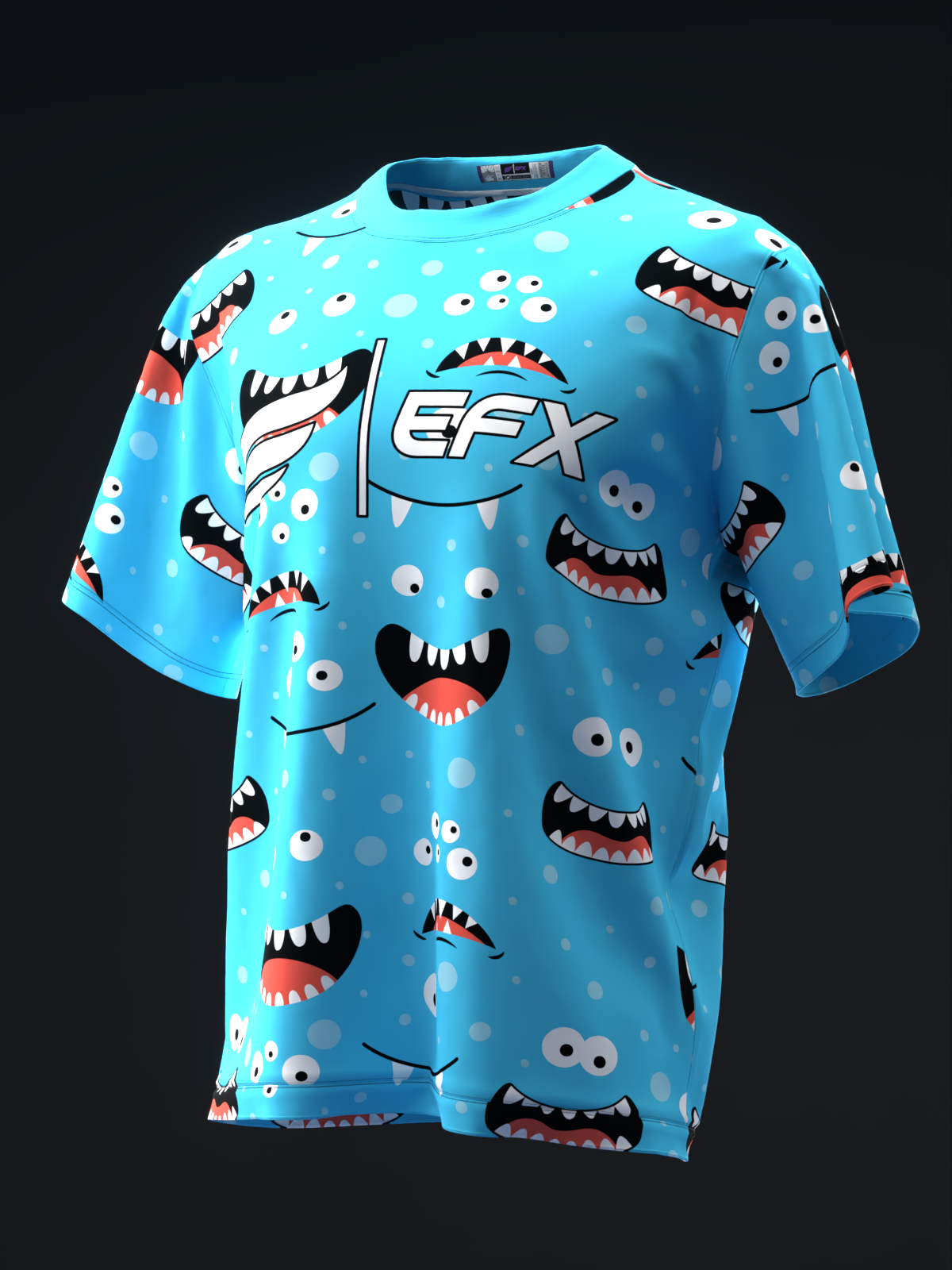 Bright blue bowling jersey with playful monster faces and googly eyes print, front view