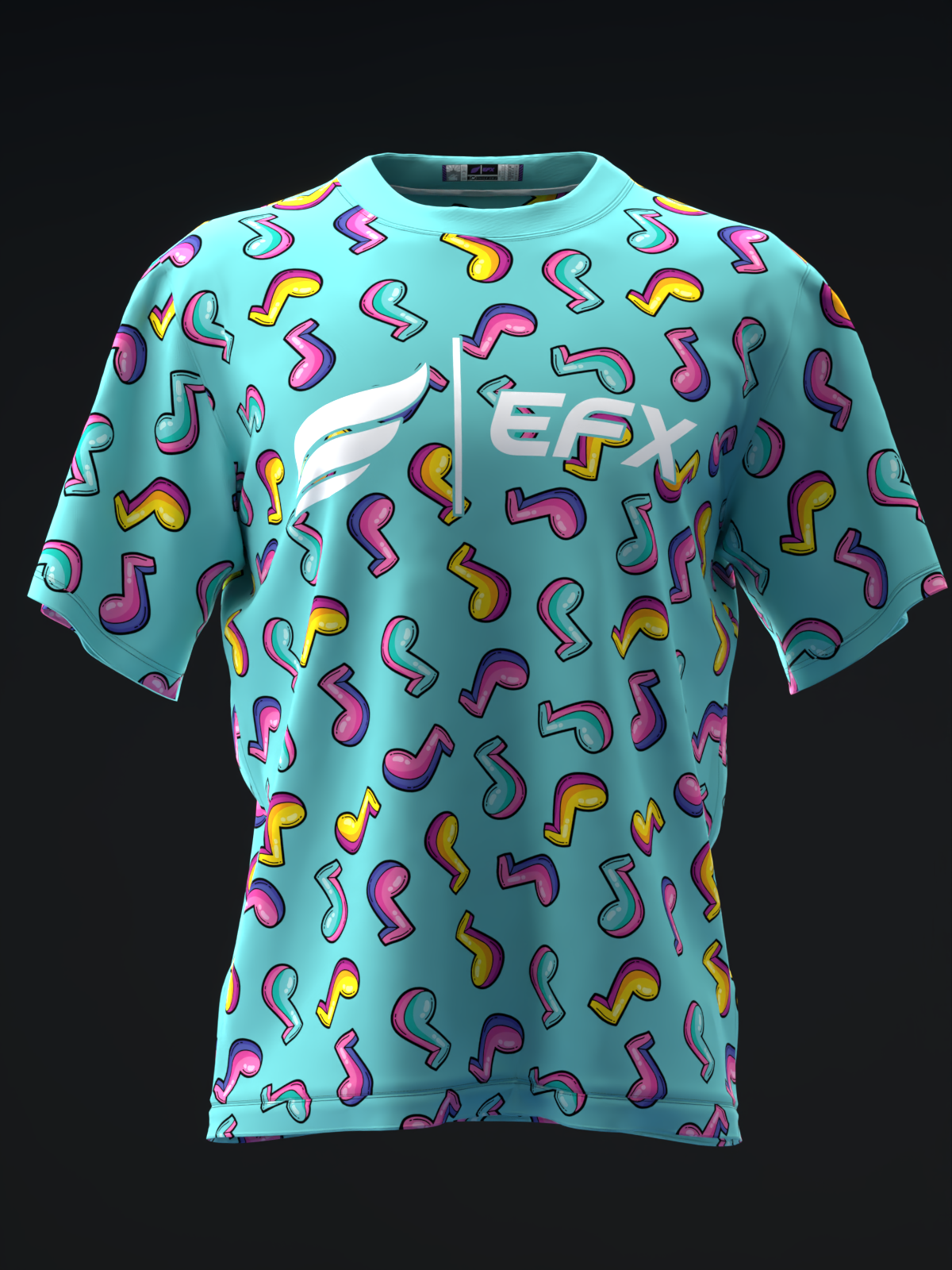 Teal bowling jersey with colorful musical note pattern throughout front view