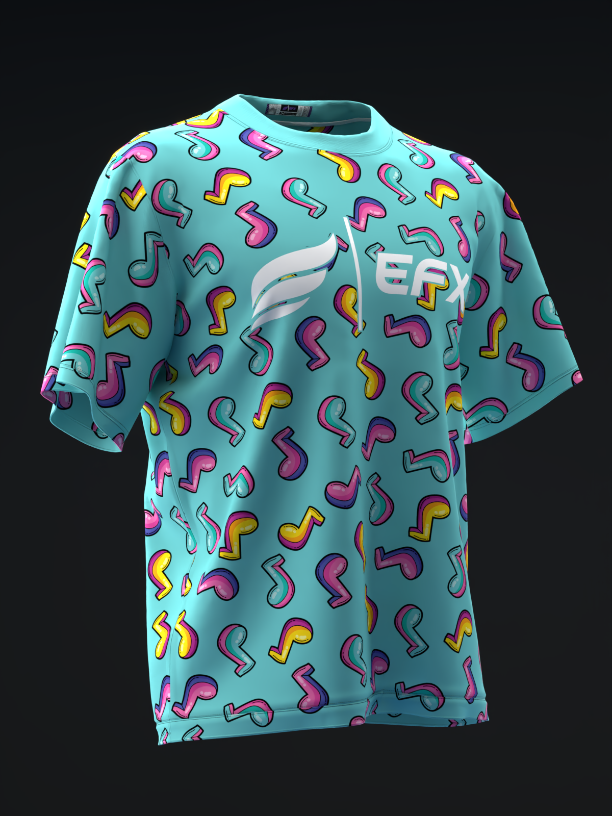 Teal bowling jersey with colorful musical note pattern, front view