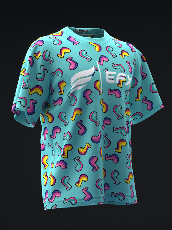 Teal bowling jersey with colorful musical note pattern, front view