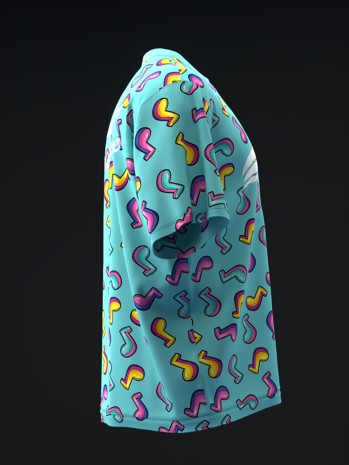 Light blue bowling jersey with colorful wavy squiggle pattern, side view