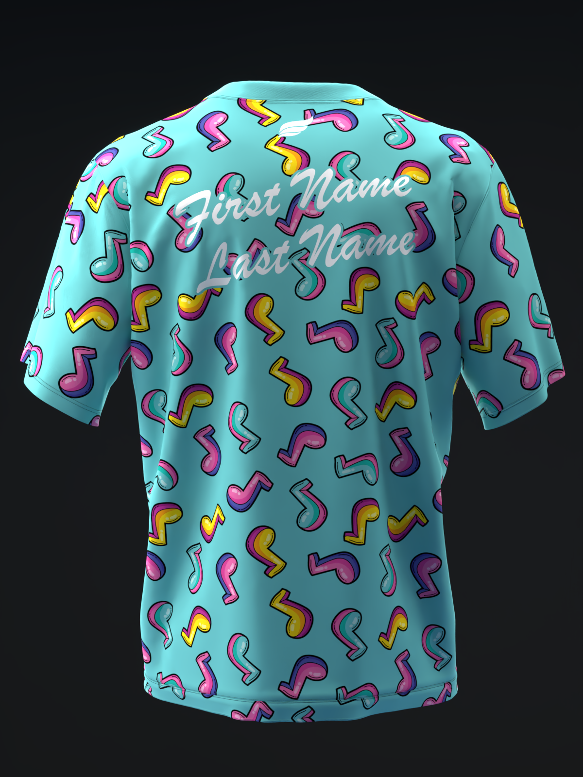 Teal bowling jersey with colorful musical note pattern and personalization text