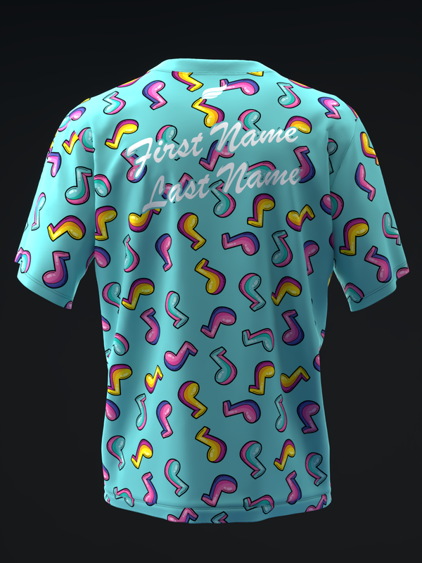 Teal bowling jersey with colorful musical note pattern and personalization text