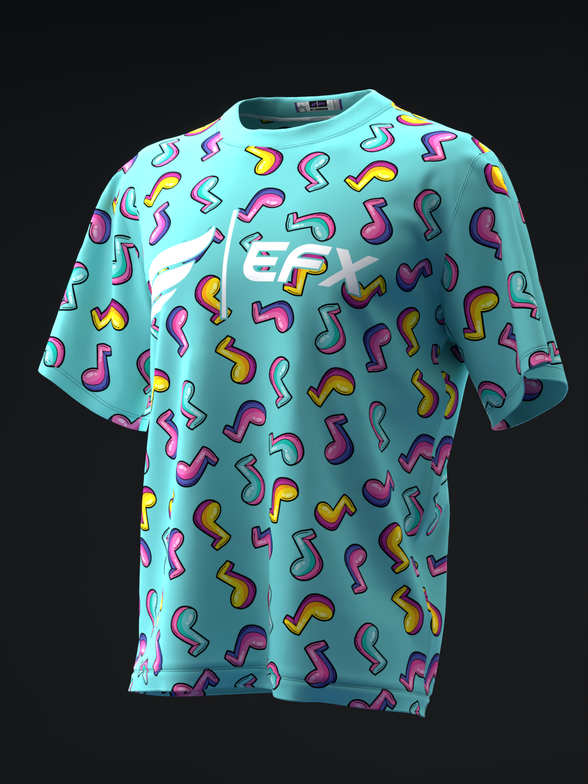 Teal bowling jersey with colorful musical note pattern throughout front view