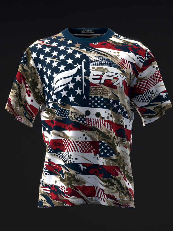 Front view of red, white, and blue patriotic camo bowling jersey with EFX logo