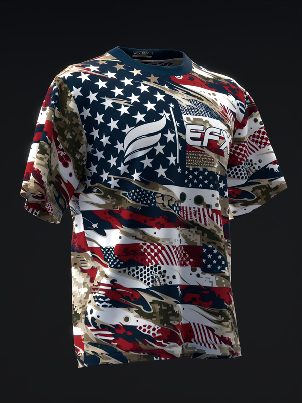 Front view of red, white, and blue patriotic bowling jersey with stars and camo pattern