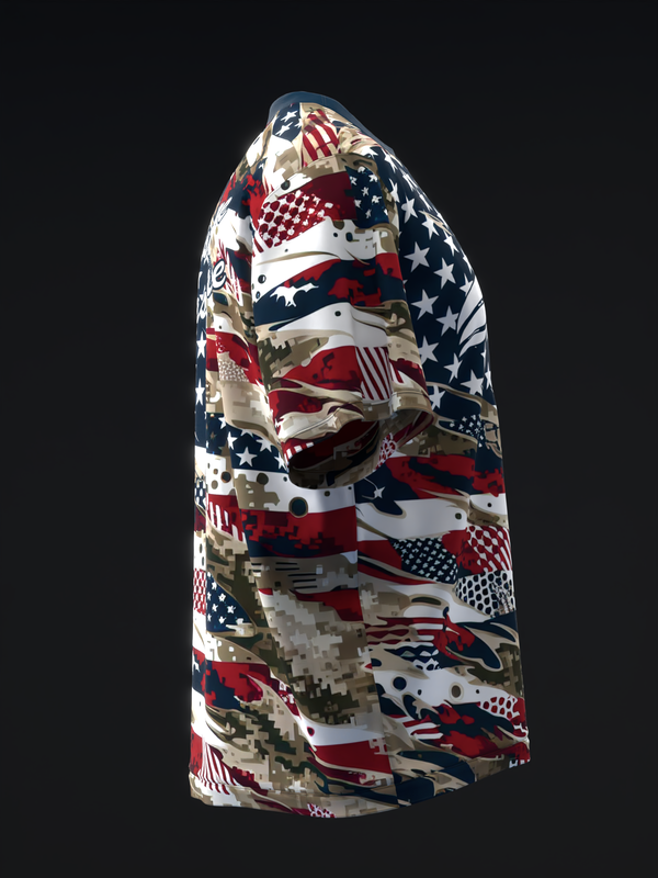 Patriotic camo bowling jersey with red, white, navy, and tan patchwork design, side view