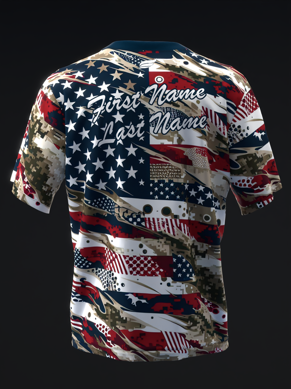 Bowling jersey with red, white, and blue patriotic camouflage pattern, back view