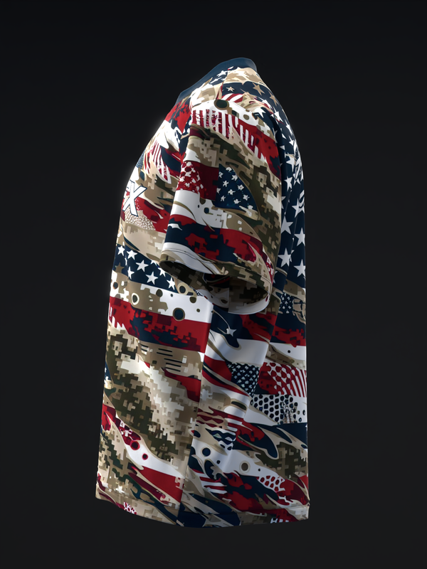 Bowling jersey with red, white, blue, and tan digital camo and patriotic patterns, side view