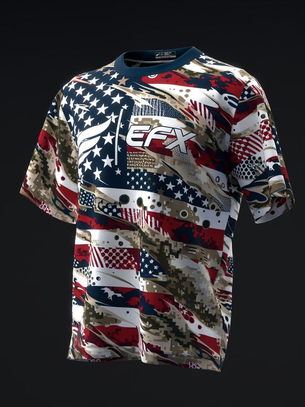 Front view of red, white, and blue bowling jersey with patriotic camo pattern and EFX logo