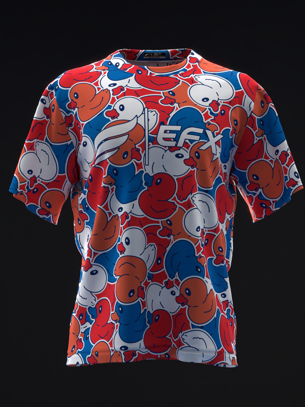 Front view bowling jersey with red, white, and blue rubber duck pattern throughout