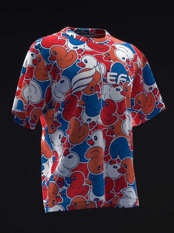 Red, white, and blue bowling jersey with rubber duck pattern throughout