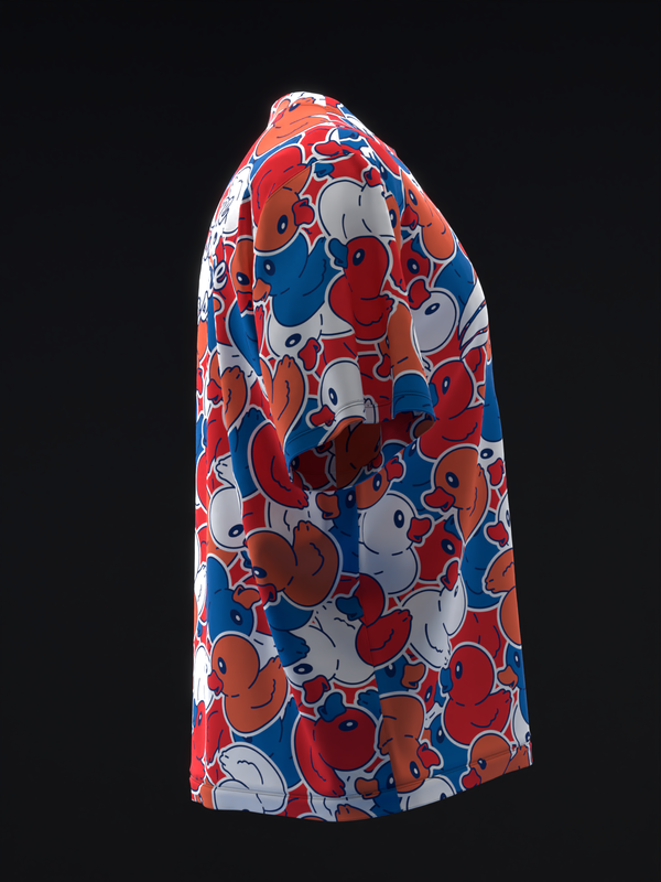 Red, white, and blue bowling jersey with allover rubber duck pattern