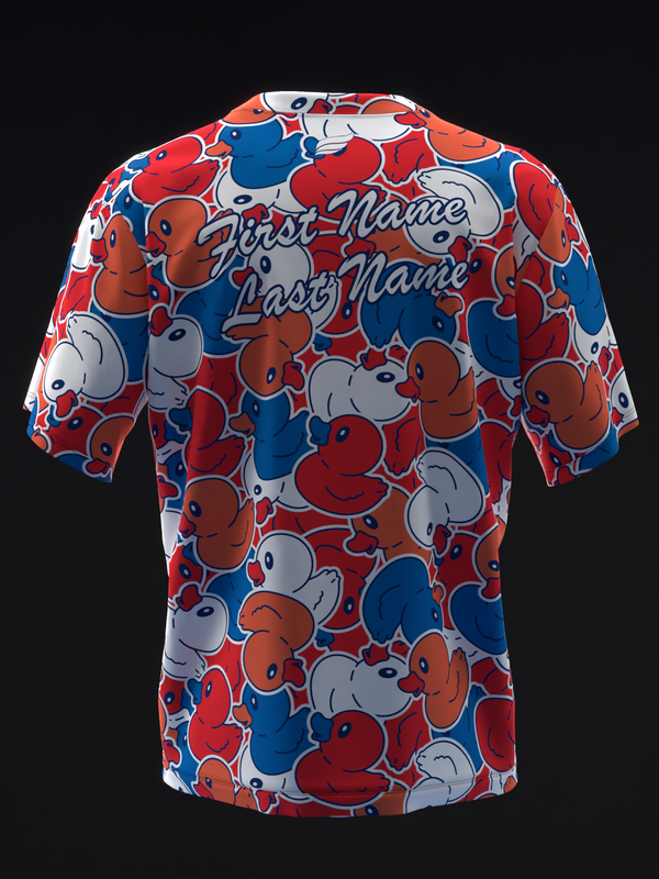 Bowling jersey back with red, white, blue rubber duck pattern and name customization