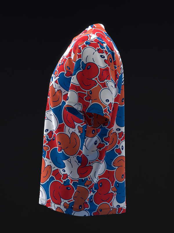 Red, white and blue bowling jersey with repeating rubber duck pattern
