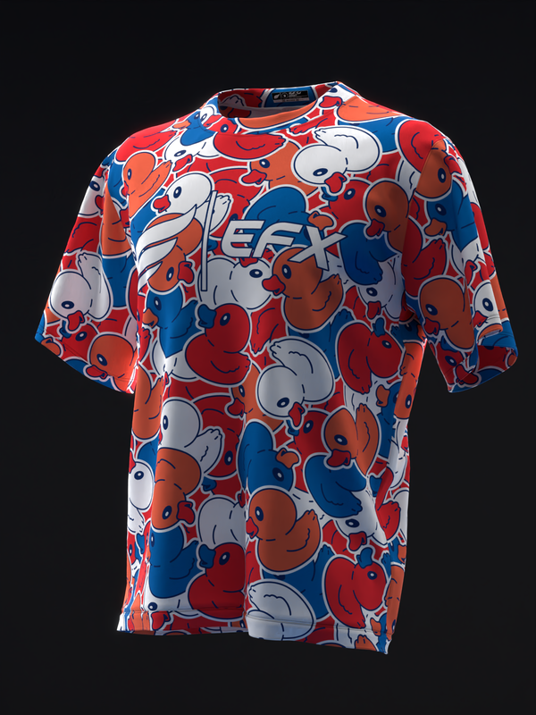 Red bowling jersey with blue and white rubber duck allover print, front view