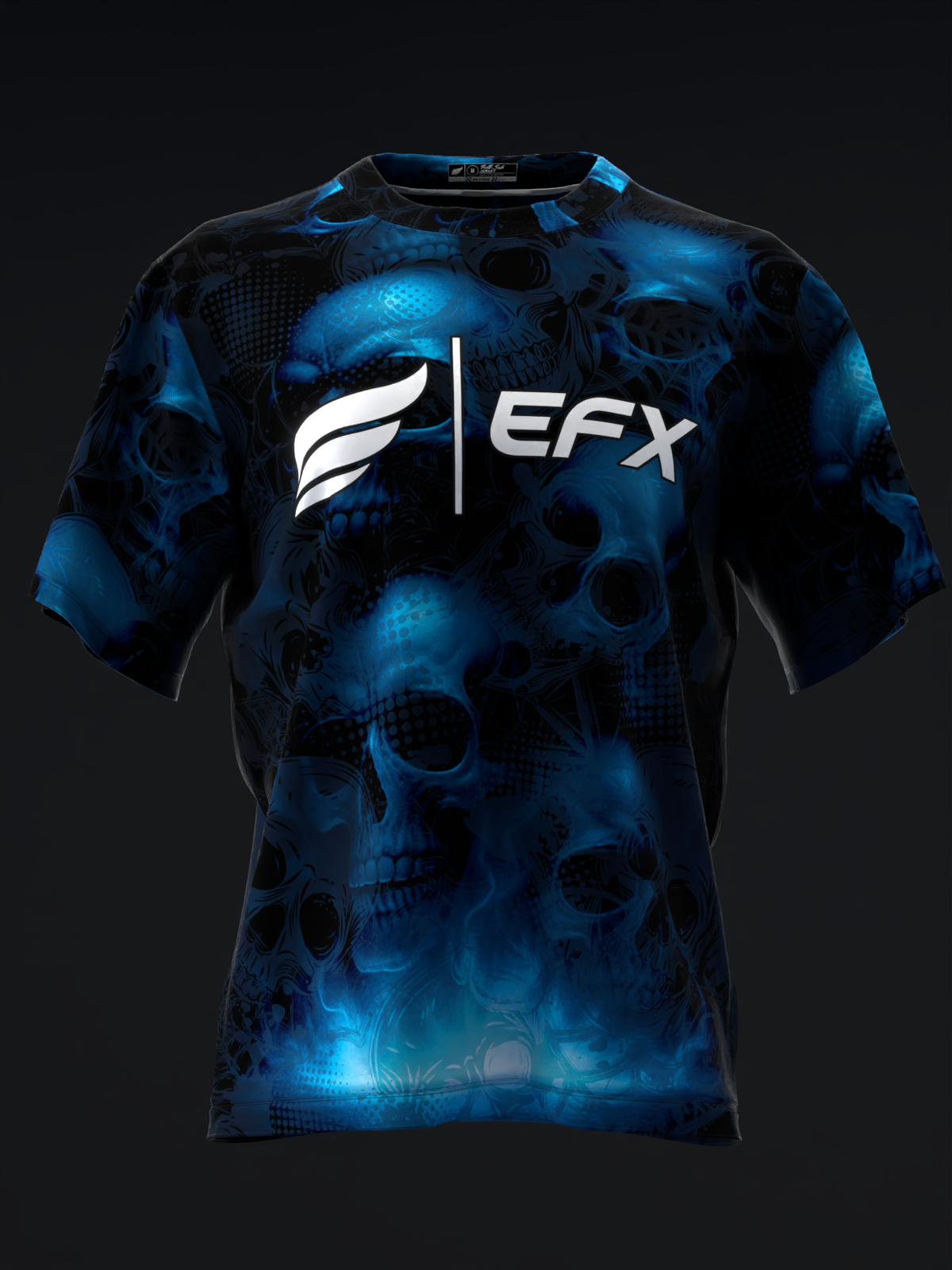 Blue and black bowling jersey with skull pattern and EFX logo, front view