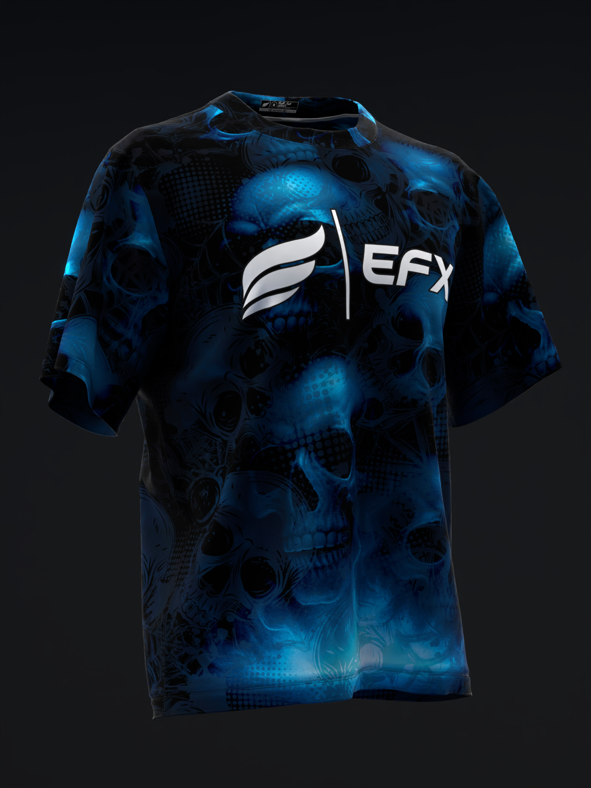 Blue and black bowling jersey with skull pattern and EFX logo, front view
