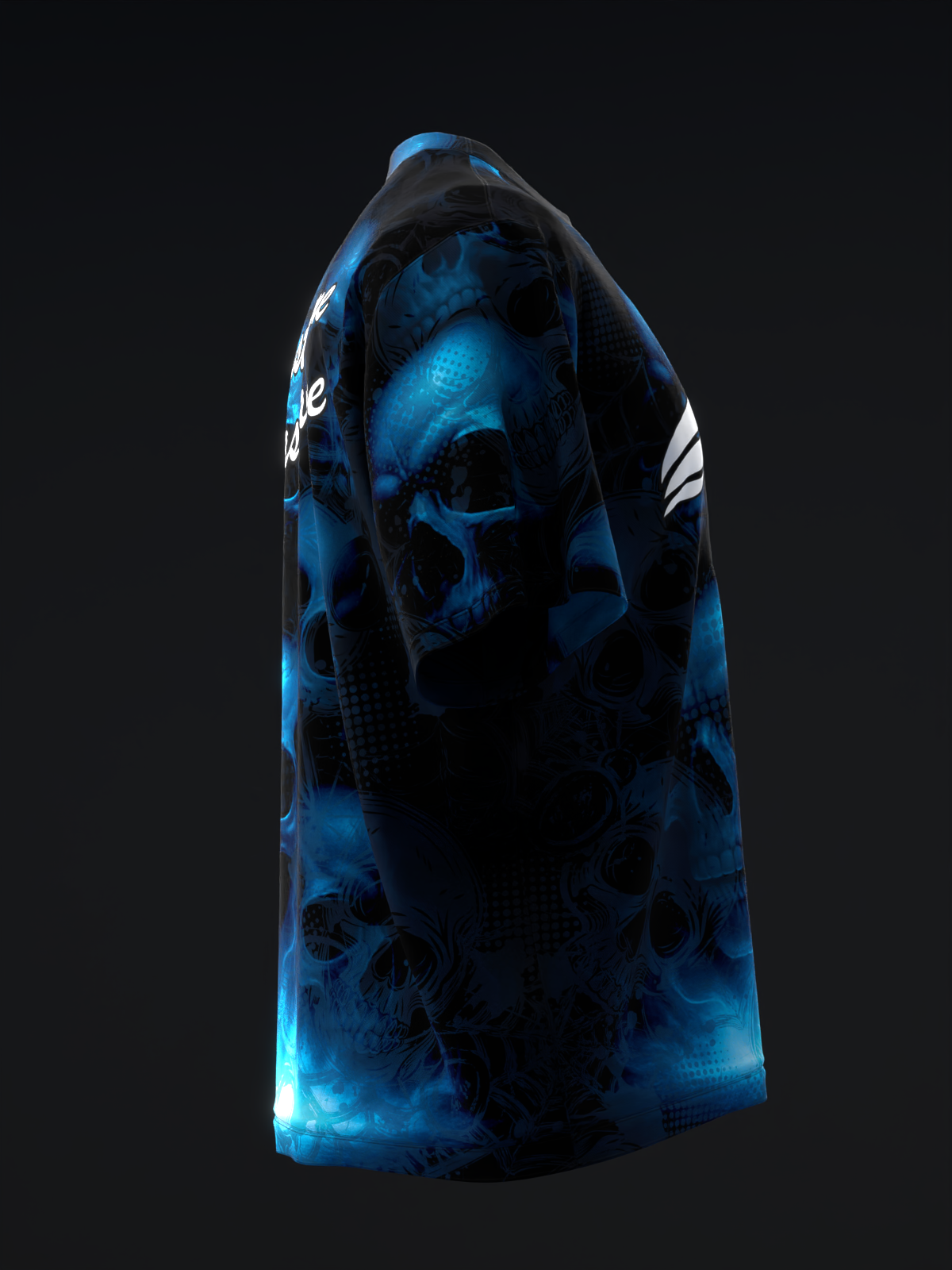 Black and blue bowling jersey with skull pattern and white stripe detail