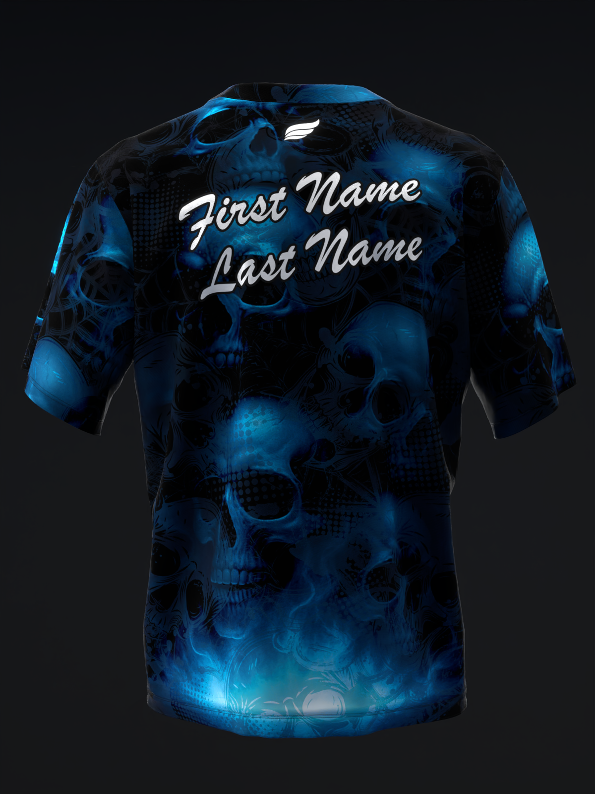 Black bowling jersey with blue skull pattern and white script text