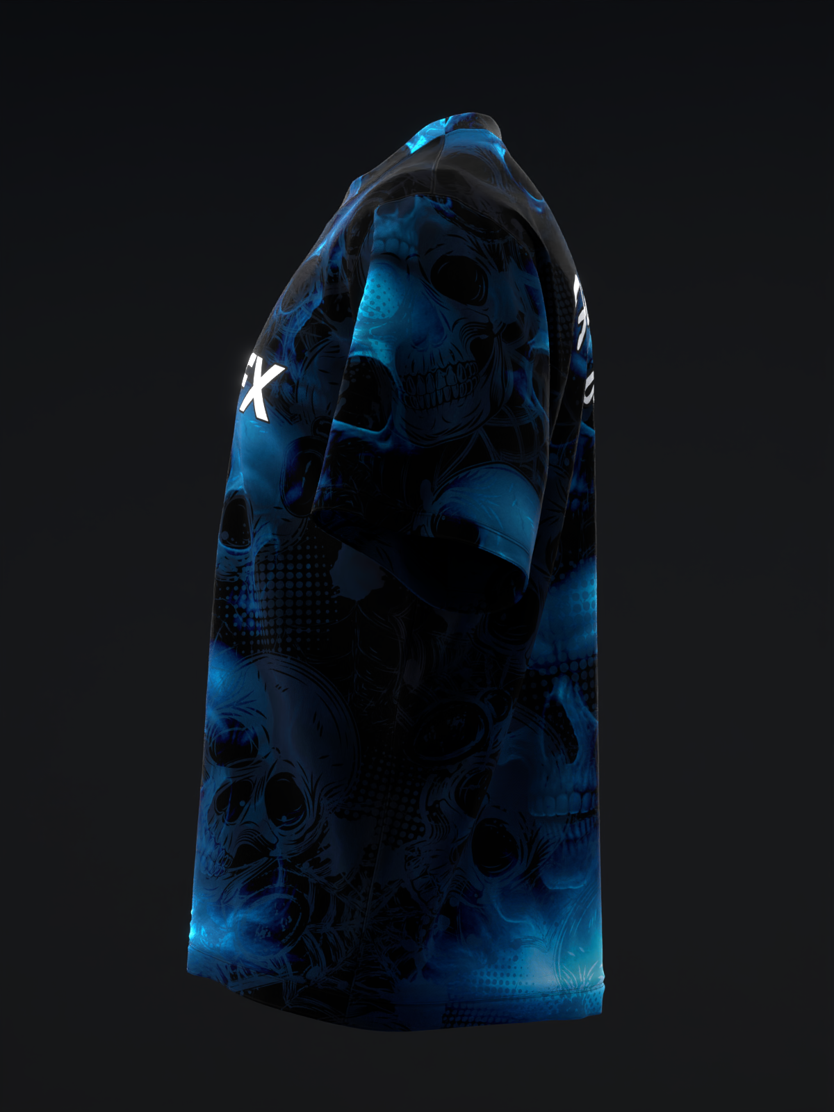 Blue and black bowling jersey with skull pattern and white X logo