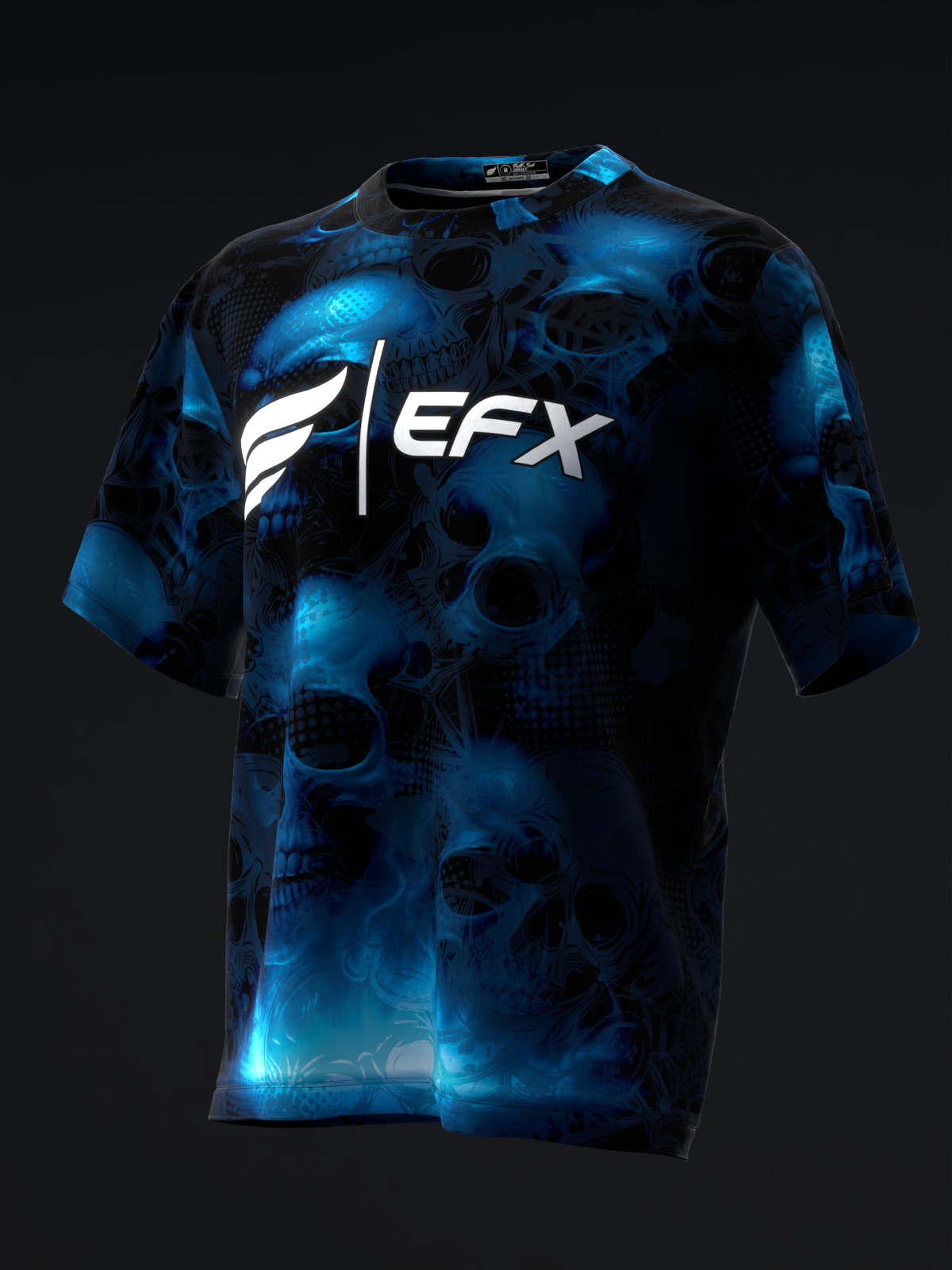 Blue and black bowling jersey with EFX logo and skull pattern, front view